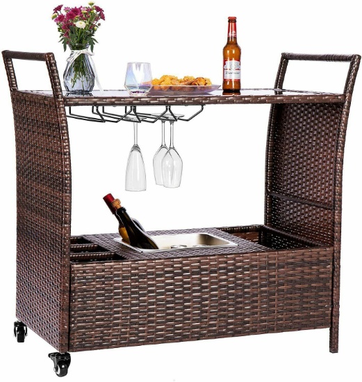 VIVOHOME Outdoor Rolling Wicker Bar Cart with Ice Bucket and Storage Features