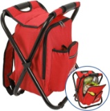 Outrav Red Backpack Cooler And Stool - Collapsible Folding Camping Chair And Insulated Cooler Bag
