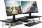 Large Dual Monitor Stand for Computer Screens - Solid Bamboo Riser Support Black