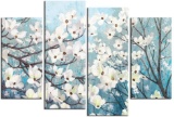 Wall Art Canvas Flower Painting White Flowers Blossom with Teal Blue Background, 4 Panel