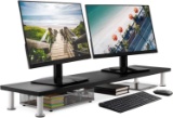 Large Dual Monitor Stand for Computer Screens - Solid Bamboo Riser Support Black