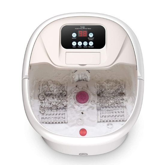 Turejo Foot Spa Bath Massager with Heat Bubbles, Upgraded 6 Automatic Massage Rollers