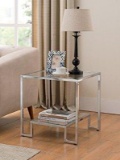 Chrome Finish / Glass Top Side End Table with Lower Shelf