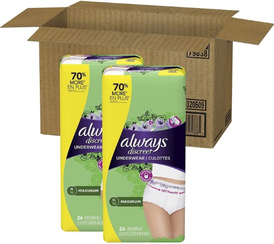 Always Discreet Incontinence and Postpartum Underwear for Women, X-Large, 26Ct