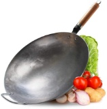 Couner Traditional Hand Hammered Carbon Steel Pow Wok with Wood and Steel Handle, Round Base 34cm