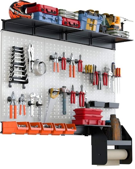 TORACK Pegboard Organizer, 4 ft Peg Board Tool Garage Storage Kit with Metal Toolboard -$139.99 MSRP
