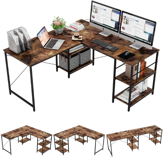 Bestier L-Shaped Gaming Desk with Shelves, Adjustable 59" 4 or 95.2" (Rustic Brown) - $199.99 MSRP