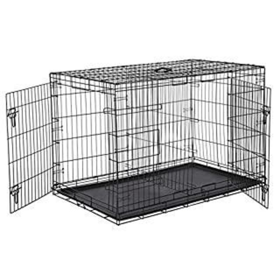 AmazonBasics Double-Door Folding Metal Dog or Pet Crate Kennel with Tray, 48 x 30 x 32.5 Inches