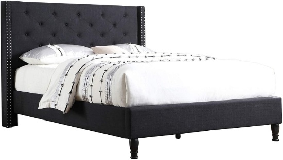 Life Home Premiere Classics Cloth Black Linen 51" Tall Headboard Platform Bed with Slats Queen