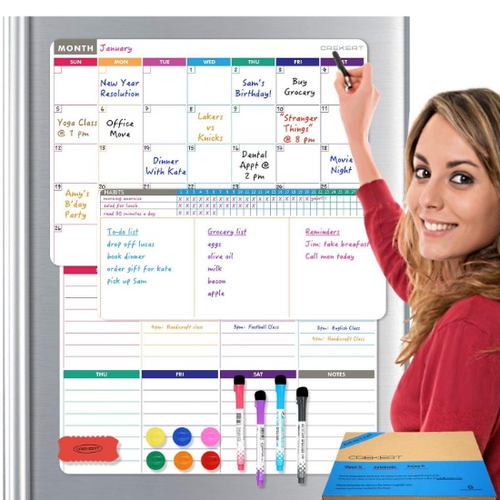 CREKERT Dry Erase Calendars Set of 3 Magnetic White Boards Family Calendar Organizer 4 in 1: Monthly