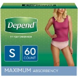 Depend Fit-Flex Incontinence Underwear for Women, Maximum Absorbency, Small, Light Pink, 60 Count