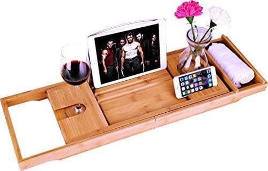 Luxury Wood Bamboo Bathtub Bath Tub Caddy Tray With Extending Sides Built In Book- $32.99 MSRP