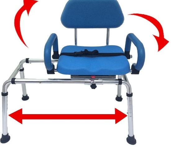 Carousel Sliding Transfer Bench with Swivel Seat. Premium PADDED Bath and Shower Chair with Pivoting