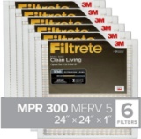 3M Filtrete 24x24x1, AC Furnace Air Filter, MPR 300, Clean Living Basic Dust, 6-Pack- $33.00 MSRP