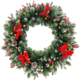 ANOTHERME 24 Inch Pre-lit Christmas Wreath, Red and Gold Ball with Berries Pine Core