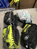 Assorted Baseball Gloves/Blue Ball Bucket