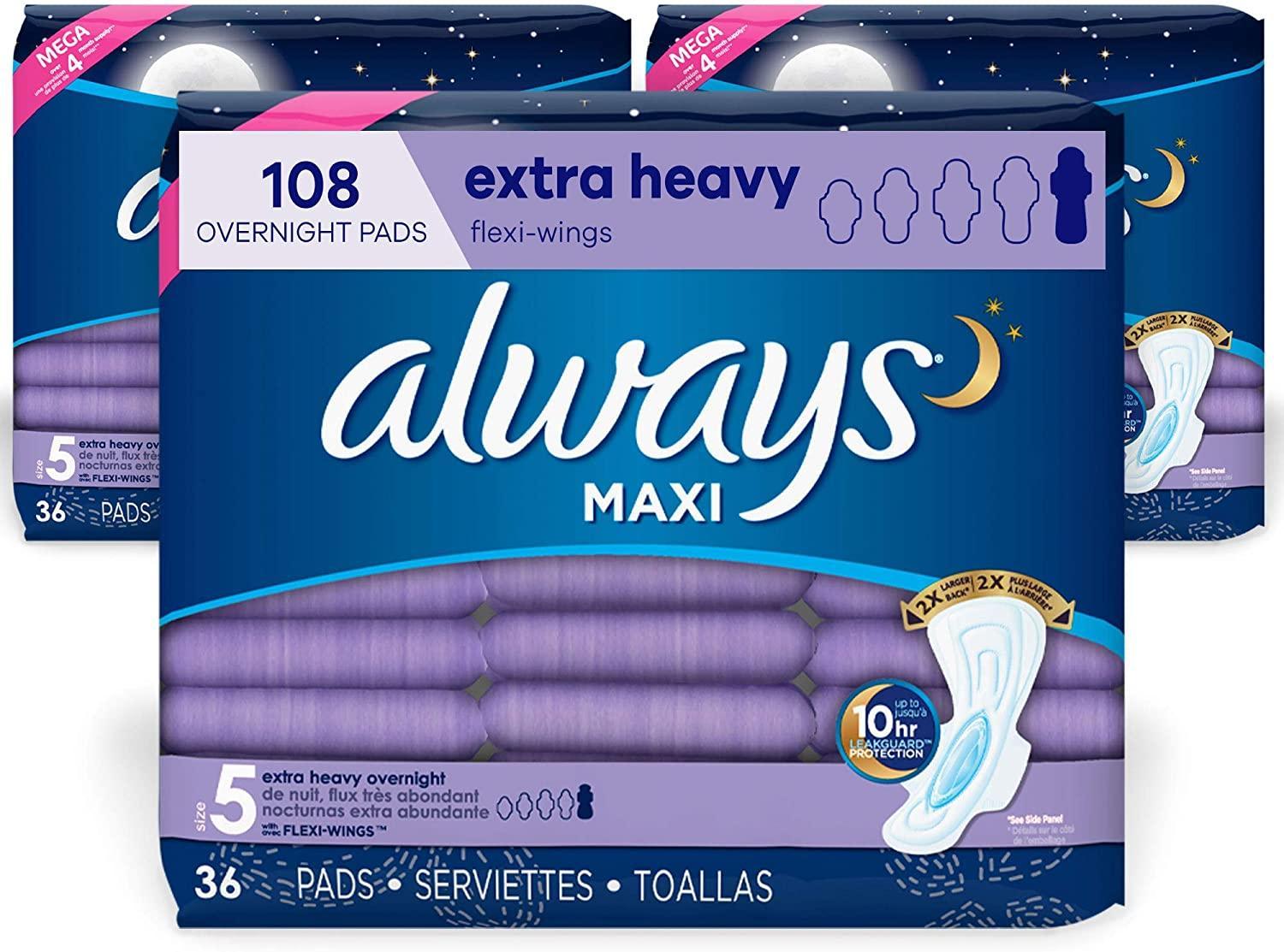 Always Maxi Overnight Pads with Wings, Size 5, Extra Heavy Overnight,  Unscented, 36 count - 36 ea