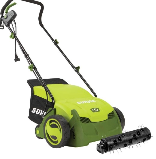 Sun Joe AJ801E 13 in. 12 Amp Electric Scarifier + Lawn Dethatcher with Collection Bag, Green