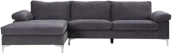Divano Roma Furniture Velvet L-Shape Couch with Extra Wide Chaise Lounge (Grey), $797.05