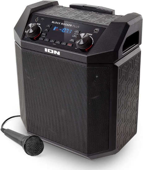 ION Audio Block Rocker Plus - Portable Bluetooth Speaker 100W wit Battery, Karaoke Microphone, AM FM