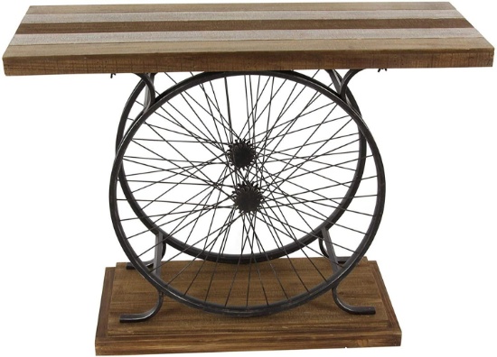 Deco 79 Metal and Wood Wheel Console, Brown/Black, 14"D x 38"W x 28"H