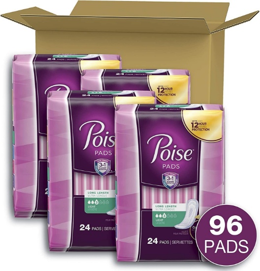 Poise Incontinence Pads for Women, Light Absorbency, Long Length,96 Count(4 Packs of 24) $19.36 MSRP