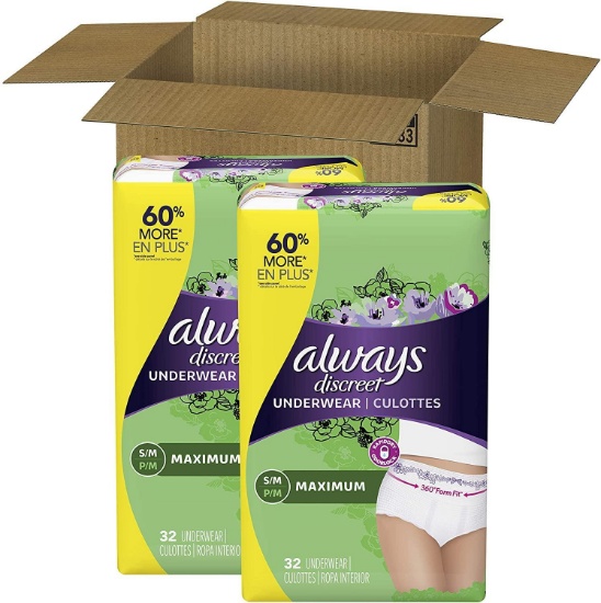 Always Discreet Incontinence Max Protection Underwear, SM/MED, 64 Count $46.00 MSRP
