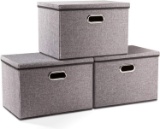 Prandom Large Collapsible Storage Bins with Lids [3-Pack] Linen Fabric Foldable Storage Boxes