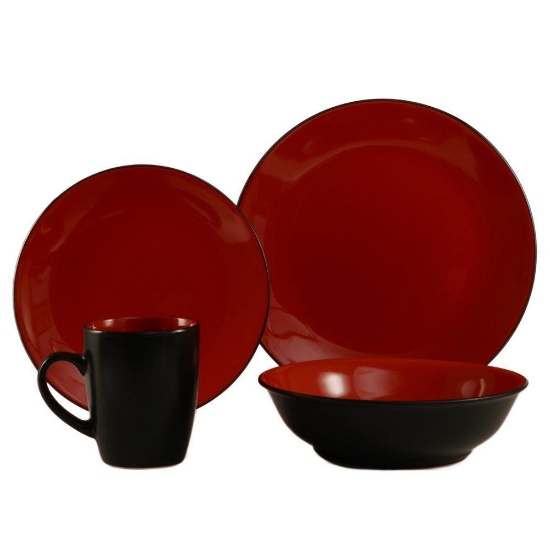 CAC China ColorUs Cleon 16 Piece Round Stoneware Dinnerware Set, Duo Tone Red and Black $67.00 MSRP