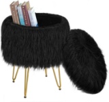 Greenstell Vanity Stool Chair 4 Metal Legs, Round Faux Fur Storage Ottoman (Black) - $47.49 MSRP