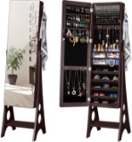 YOKUKINA LED Jewelry Cabinet Armoire, Large Storage Lockable Organizer with Frameless Free Standing