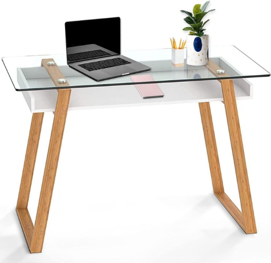 BonVIVO Massimo Glass and Bamboo Home Office Writing Desk, White