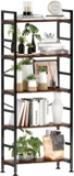 5-Tier Adjustable Tall Bookcase, Rustic Wood and Metal Standing Bookshelf