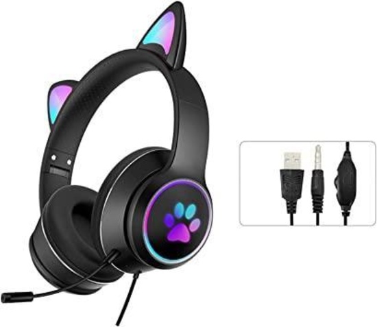 Gaming headset, foldable, cat ear headhole with RGB-LED light - $24.35