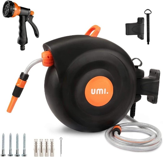 Umi Garden Hose Reel with 25M Hose, Auto Rewind Wall-Mounted Reel - $75.99