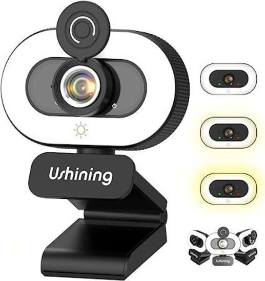 Ushining 1080P Webcam with Ring Light and Privacy Cover Auto-Focus Streaming Cam - $19.99