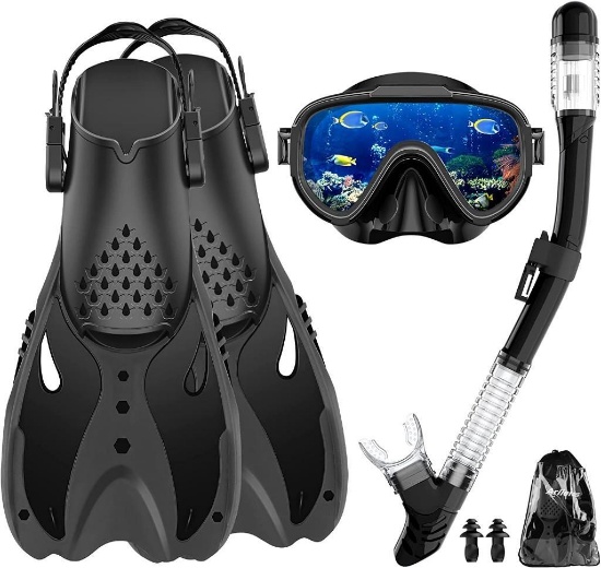 Arlierss Adult Snorkel Set with Fins, Anti-Leak & Anti-Fog Diving Goggles