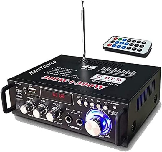 NamYoprce 300W+300W Sound Audio Amplifier 12V/ 220V LCD 2CH HiFi Audio Stereo BT FM Radio