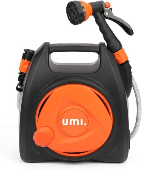 Amazon Brand - Umi Hose Reel, 10 + 1.75 m Hose Reel, with Adjustable 7-in-1 Spray Nozzle