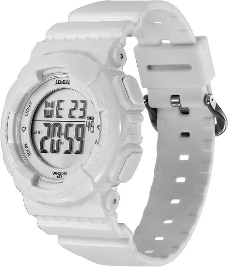 FEMBW Kids LED Digital Sport Wrist Watch, Outdoor Electronic Alarm Stopwatch (White)