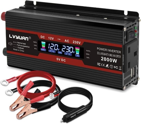LVYUAN Power Inverter 2000W 12V to 240V / 230V LCD UK Socket USB 4.2A Car Converter