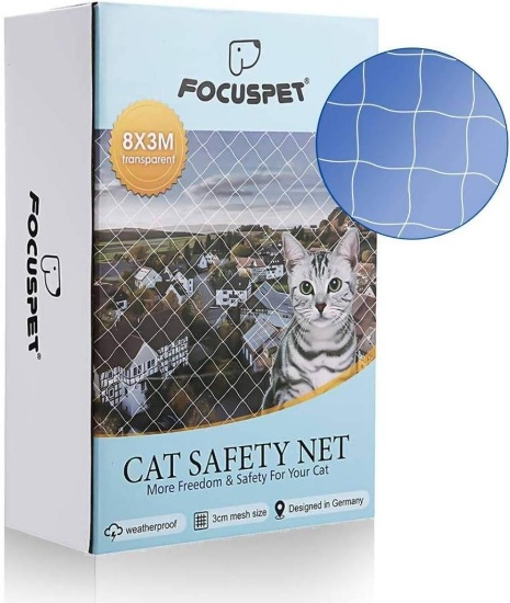 Focuspet Transparent Cat Netting for Balcony Protection Net 8 x 3 m Including Hooks Dowels Cable Tie