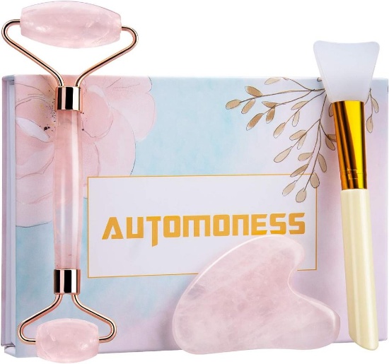 Automoness Face Roller, Rose Quartz Gua Sha Set