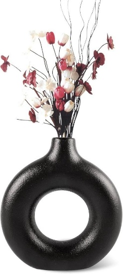 Vase Round with Hole, Ceramic Vase Black Matt, Handmade Round Donut Vase Boho...Style...