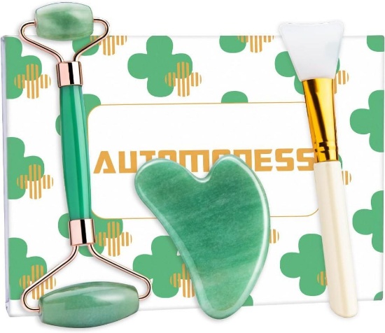 Gua Sha Stone Jade Roller Set Green with Gift Box