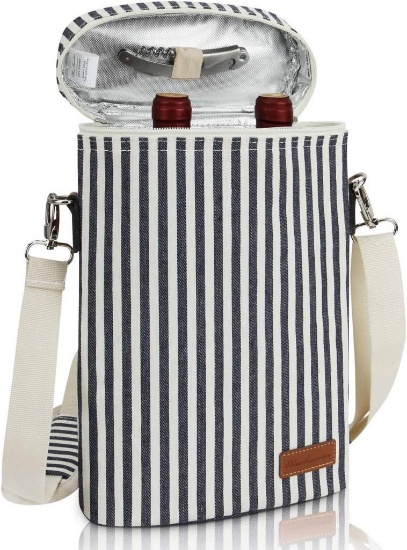 ZORMY 2 Bottle Wine Tote Carrier, Dark Blue, 750 mL Capacity, Polyester Material, $29.99 MSRP