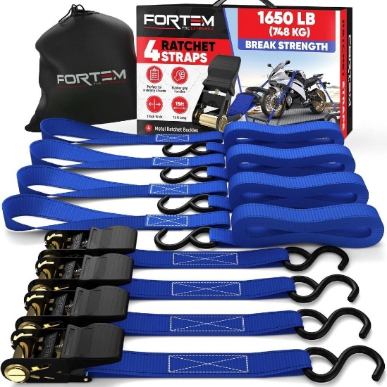 FORTEM Ratchet Straps, 1650lb Break Strength, 4 15ft Tie Down Strap Set, $34.99 MSRP