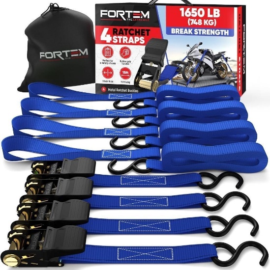 FORTEM Ratchet Straps, 1650lb Break Strength, 4 15ft Tie Down Strap Set, $34.99 MSRP