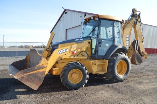 JD 410G backhoe w/ ext hoe, quick attach, 4wd, power shift, ride control,  4,927 hrs, new 21L-24 rub