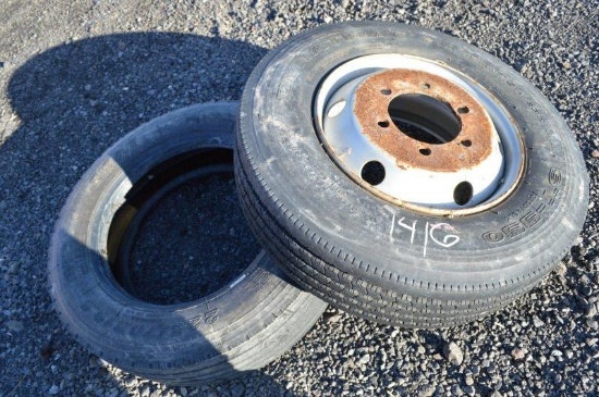 1- Dymatrac 235/75R17.5 tire on rim & 1- Sailum 225/70R19.5 tire